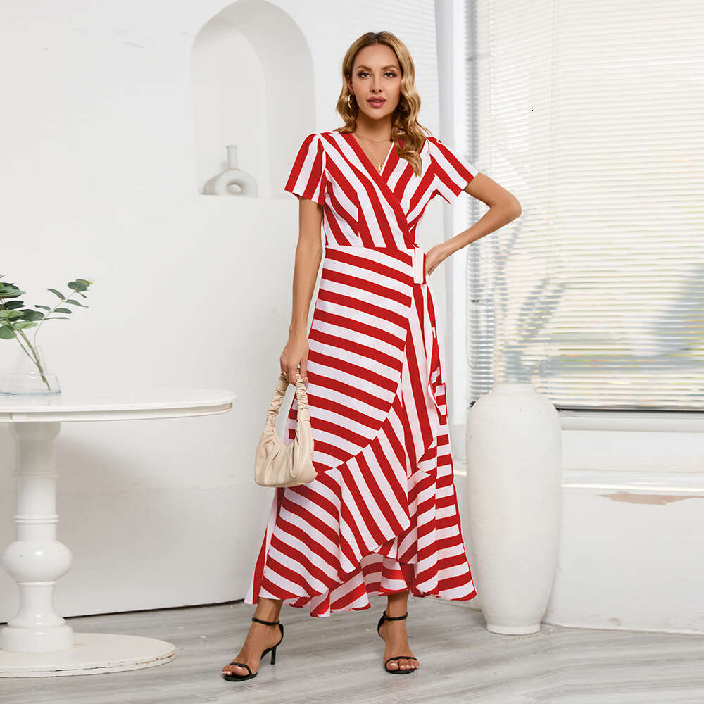Fashion Slim Fit Temperament Stripe Swing 2024 Summer Women's Large Irregular Dress