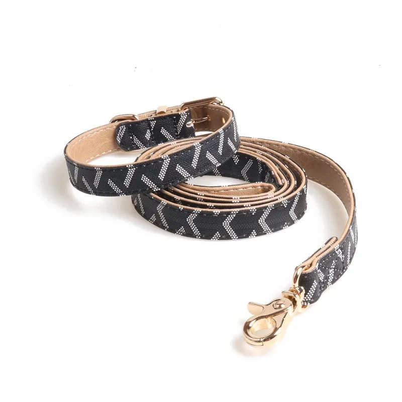 Two Layers of Leather Dog Collars Leashes Set Classic Printed Designer Pet Collar Leash Soft Durable Cat Collar for Small Medium and Large Dogs c79