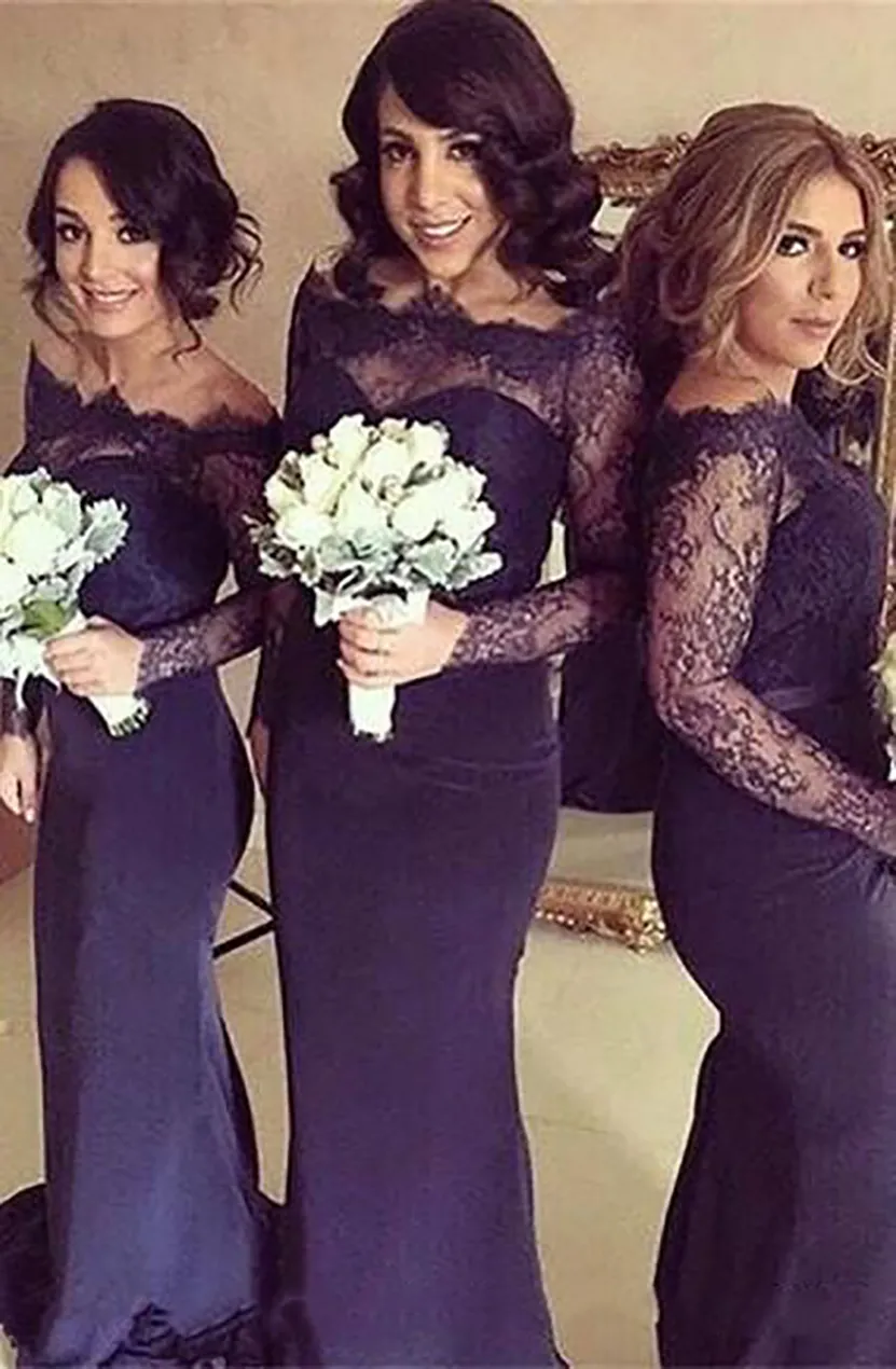 Navy Blue Bridesmaids Dresses Sheer Bateau Neck Mermaid Lace Wedding Guest Dress With Long Sleeves Country Maid Of Honor Gowns
