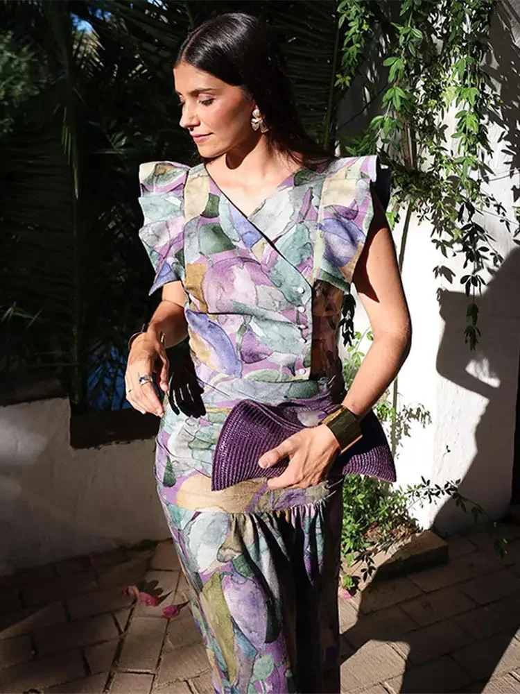 Chic Printed Pleated Midi Skirt Set For Women Sexy Skinny V Neck Flying Sleeve Buttons Top Suit Lady Vacation Fashion Streetwear 240329
