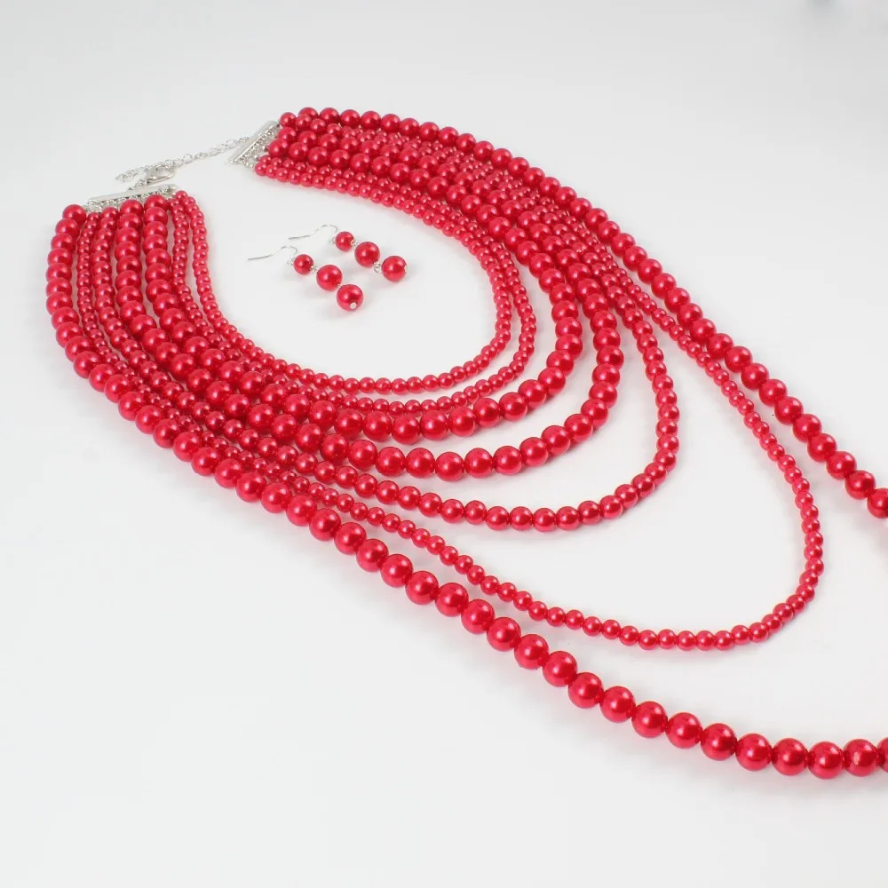 Fashion Multilayer Faux Pearl Beads Necklace Earrings Jewelry Sets Women Wedding Bridal Statement Large Collar Choker Necklace 240311