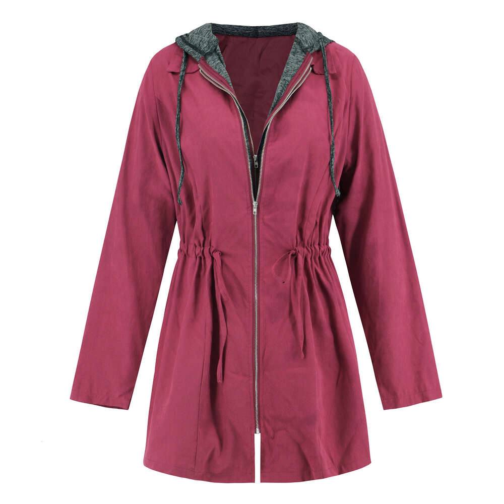 Women's Casual Waistband Double Zipper Contrasting with Medium Length Long Sleeved Hooded Trench Coat is Popular
