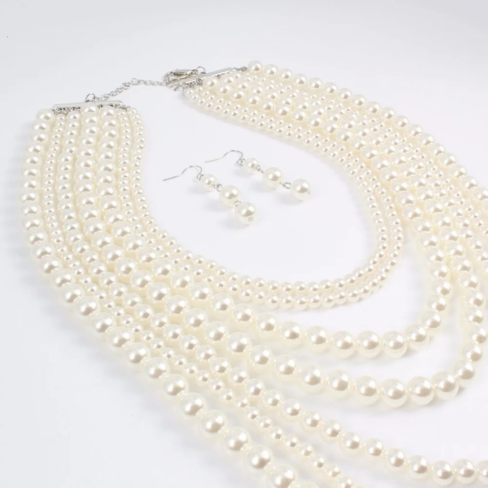 Fashion Multilayer Faux Pearl Beads Necklace Earrings Jewelry Sets Women Wedding Bridal Statement Large Collar Choker Necklace 240311