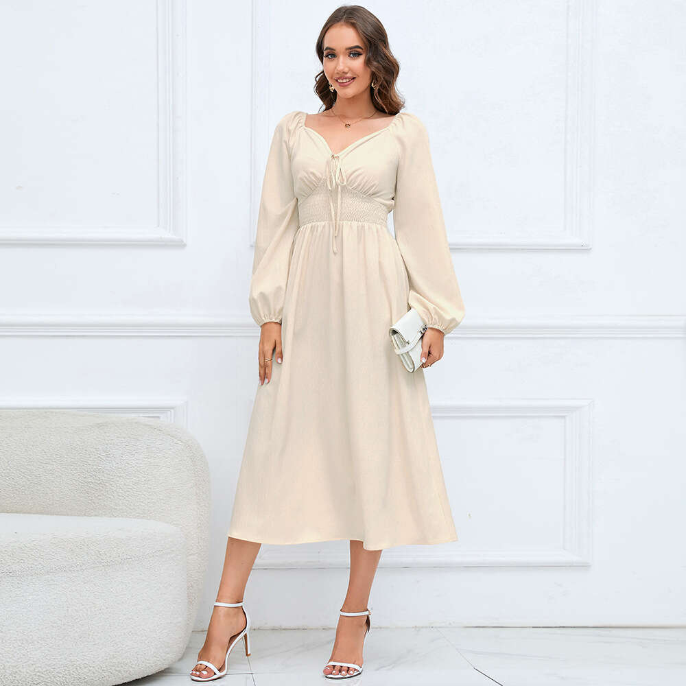 2024 New V-neck Slim Fit Temperament Sleeve Women's Long Dress Large