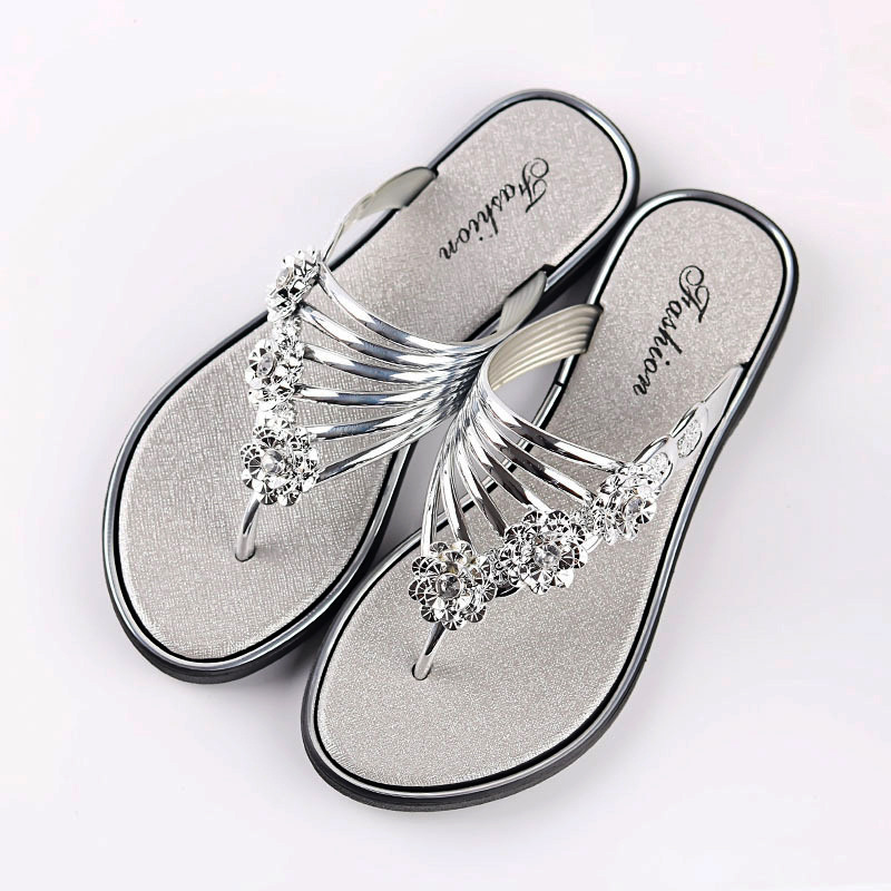Women's Slippers Summer Slippers New Flat Bottom Silver Womens Shoes Lightweight Slipper Womans Outdoor Casual Flip flop Slipper N739#