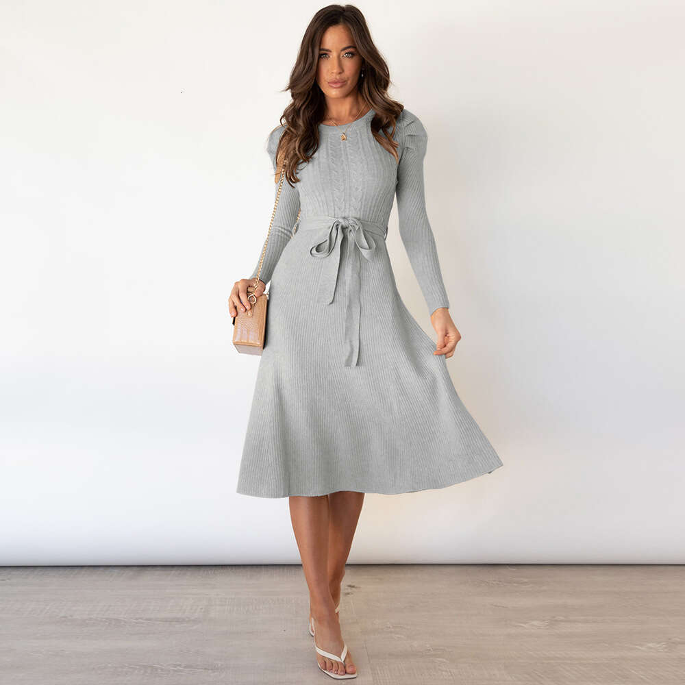 2024 New Bubble Sleeve Knitted Skirt, Medium Long Slim Style, High Waist, Large Swing Dress, Underlay Woolen Dress