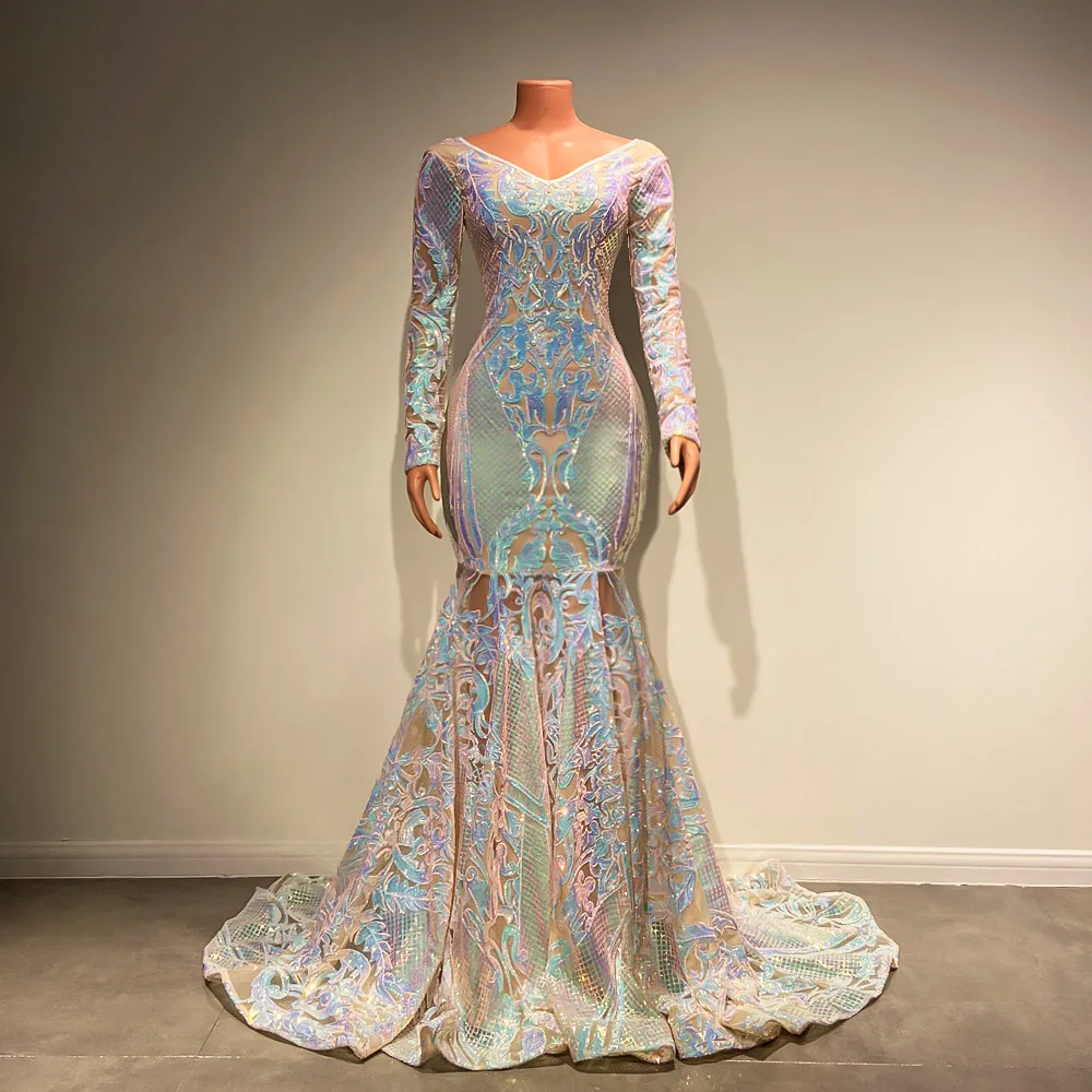 Dresses Sparkly Gala Sexy Mermaid Off The Shoulder Long Sleeves African Ladies Black Girl Sequin Prom