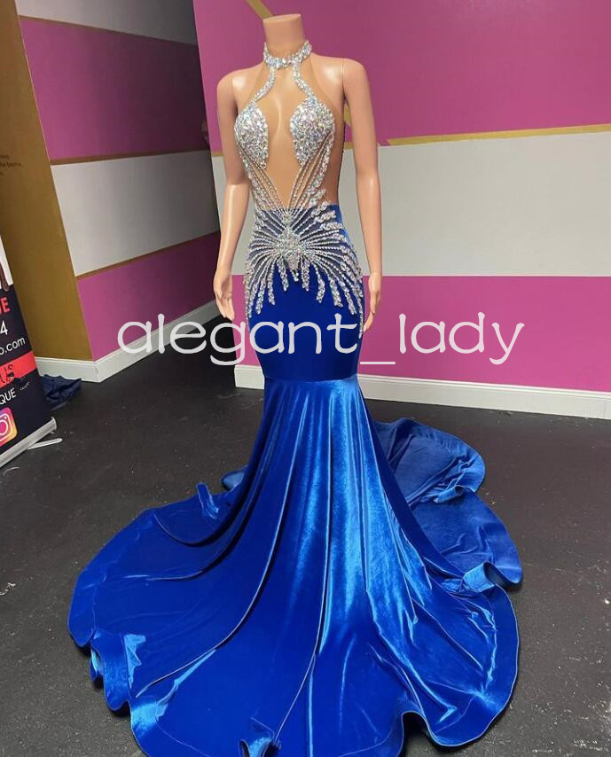King Blue Sparkly Mermaid Prom Formal Dresses for Women Luxury Diamond Crystal Velvet Black Girl Evening Gown vestidos largos