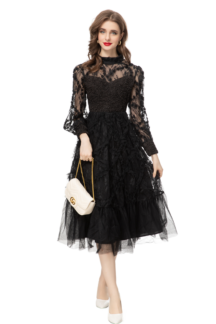 Women's Runway Dresses O Neck Long Sleeves Ruched Ruffles Appliques Fashion Elegant Mid Vestidos
