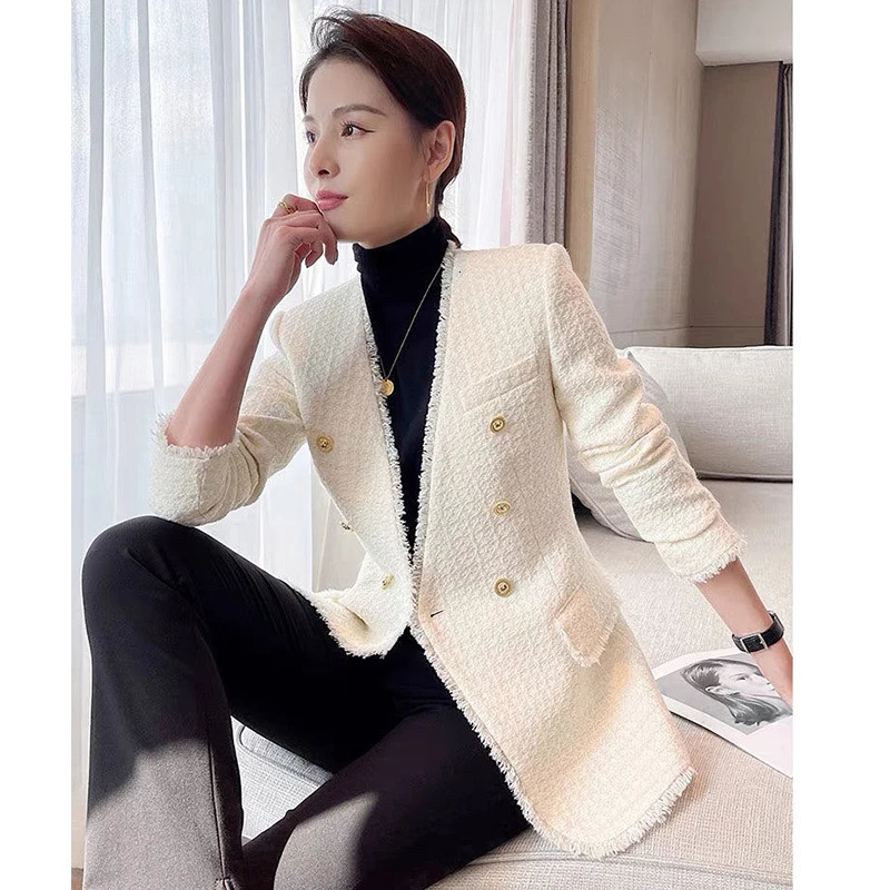 Fashion Double Breasted Tweed Blazer Coat Women French Long Sleeve White Outwear Office Lady Elegant Tassel Patchwork Jacket 240307