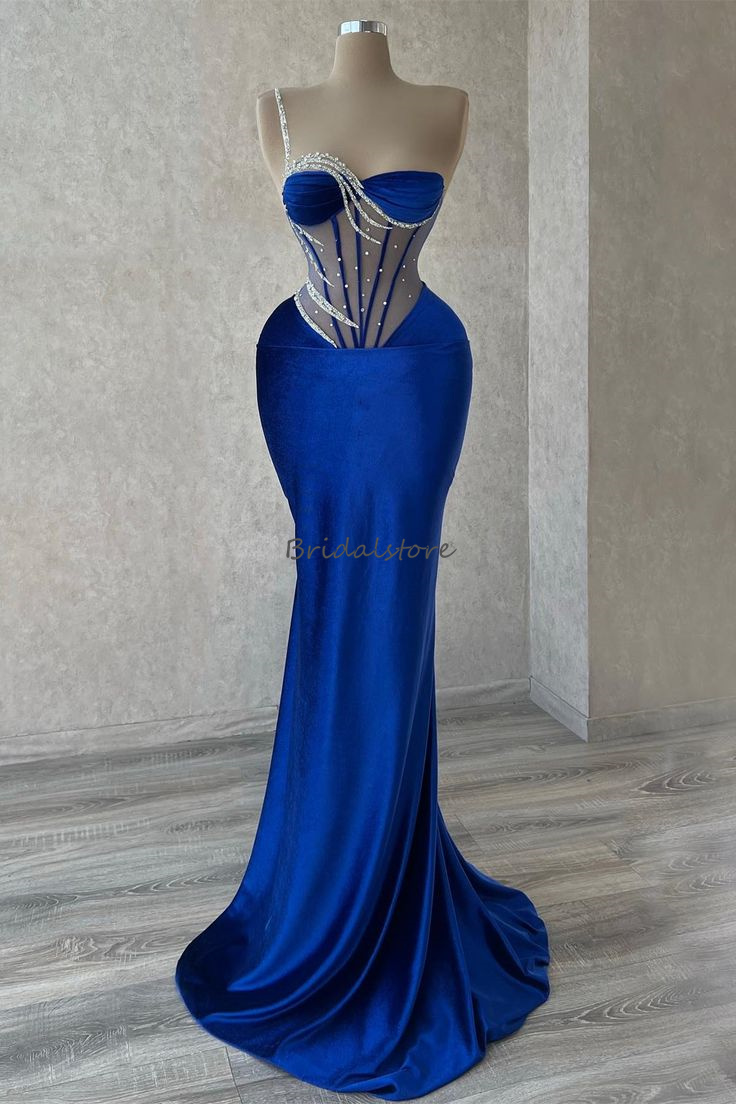 Sexy Royal Blue Mermaid Prom Dress For Black Girls 2024 See Through Beaded One Shoulder African Evening Gowns Formal Birthday Party Gowns Elegant Vest