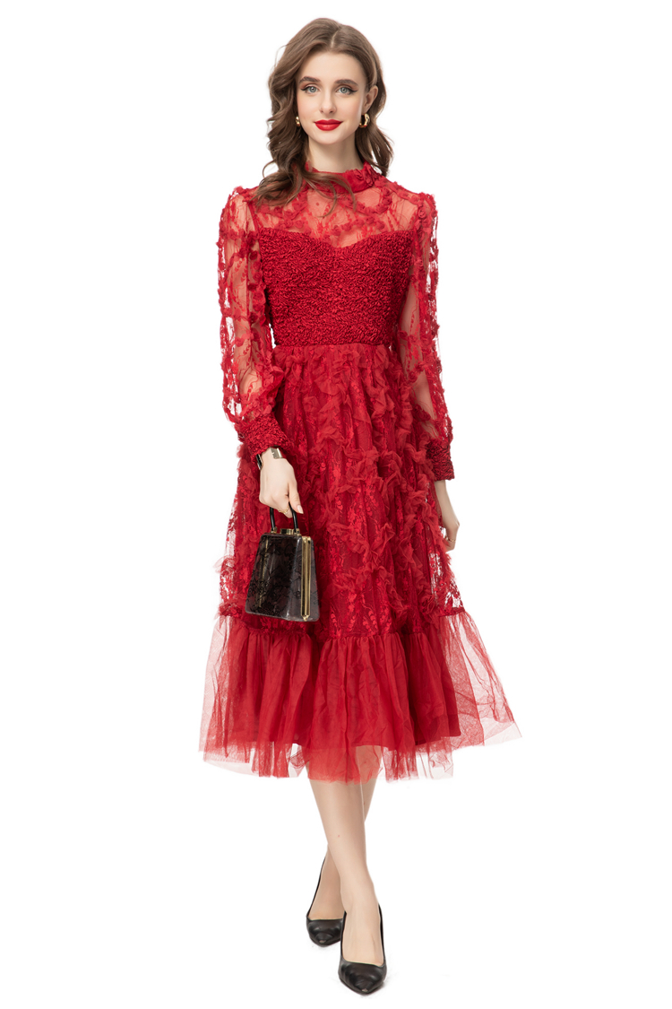 Women's Runway Dresses O Neck Long Sleeves Ruched Ruffles Appliques Fashion Elegant Mid Vestidos