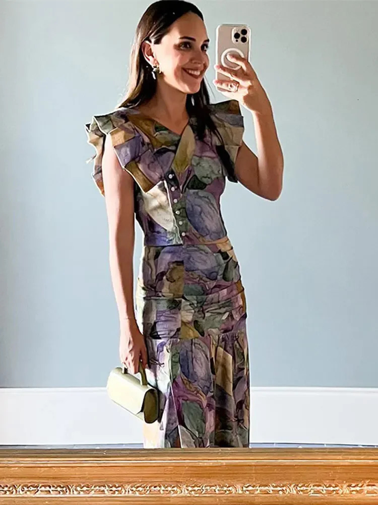 Chic Printed Pleated Midi Skirt Set For Women Sexy Skinny V Neck Flying Sleeve Buttons Top Suit Lady Vacation Fashion Streetwear 240329