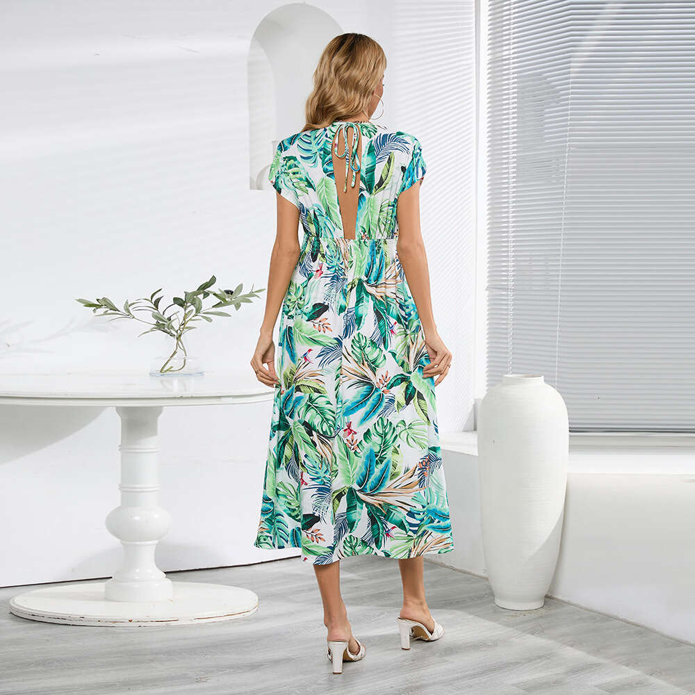 Fashionable Bat Sleeves V-neck Open Back Strap Dress Summer Women's Printed Long Skirt