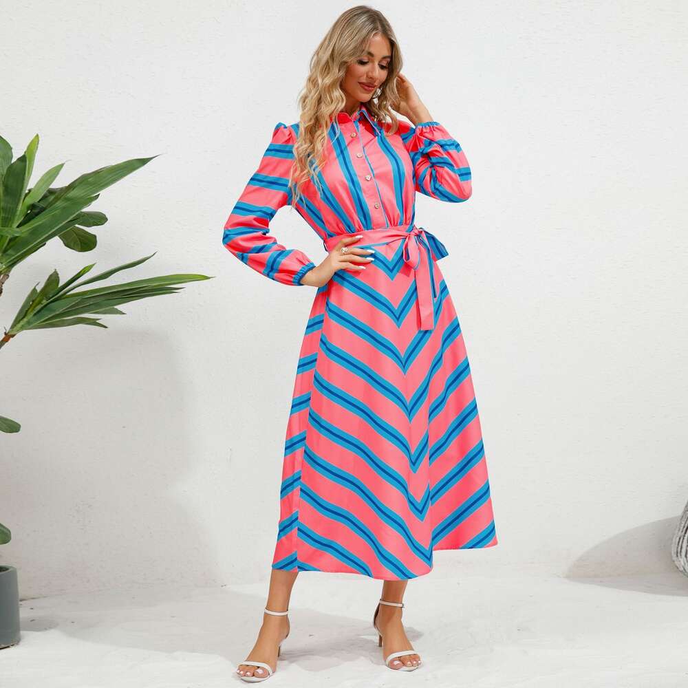 2024 New Fashion Slim Fit Temperament Button Open Striped Shirt Dress Popular for Women