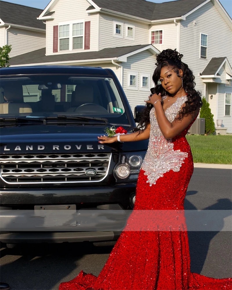 Red Sheer O Neck Long Prom Dress For Black Girls Beaded Crystal Rhinestone Birthday Party Gowns Sequined Evening Dresses Robe De 0431