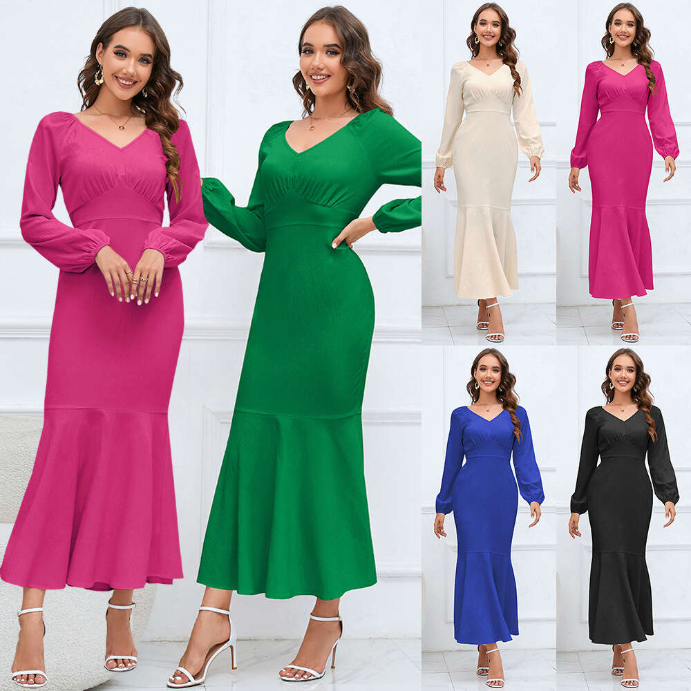 Women's New V-neck Long Sleeved Fishtail Skirt with A Slim and Slimming Waistline. Long Dress in Large Size