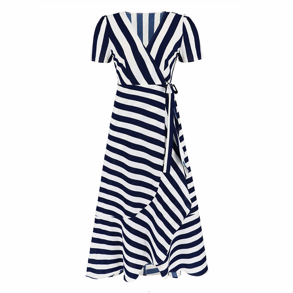 Fashion Slim Fit Temperament Stripe Swing 2024 Summer Women's Large Irregular Dress