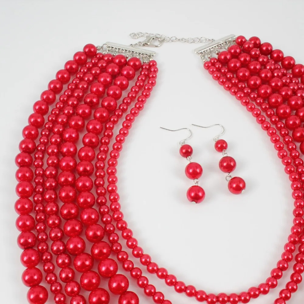 Fashion Multilayer Faux Pearl Beads Necklace Earrings Jewelry Sets Women Wedding Bridal Statement Large Collar Choker Necklace 240311