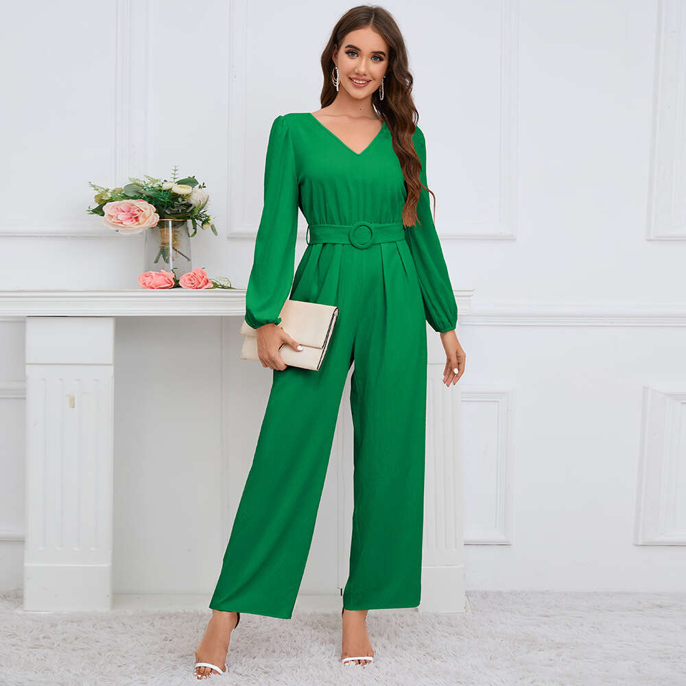 Casual Solid V-neck Sleeves Slim Fit Straight Tube Long Pants One Piece Waistband New Style