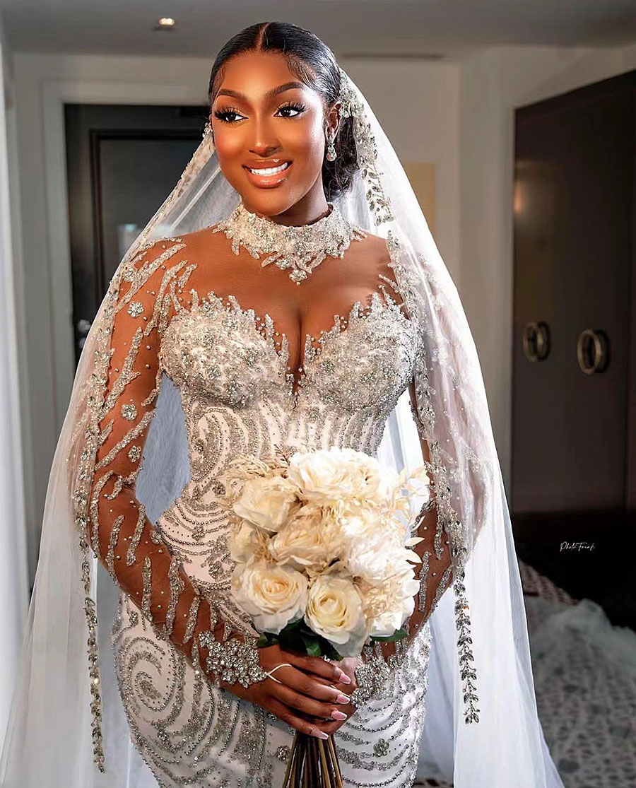 Wedding Mermaid Crystal Dress Llusion High Neck Long Sleeve Plus Size Bridal Gowns Beads Bride Dresses Robes De Mariee Es