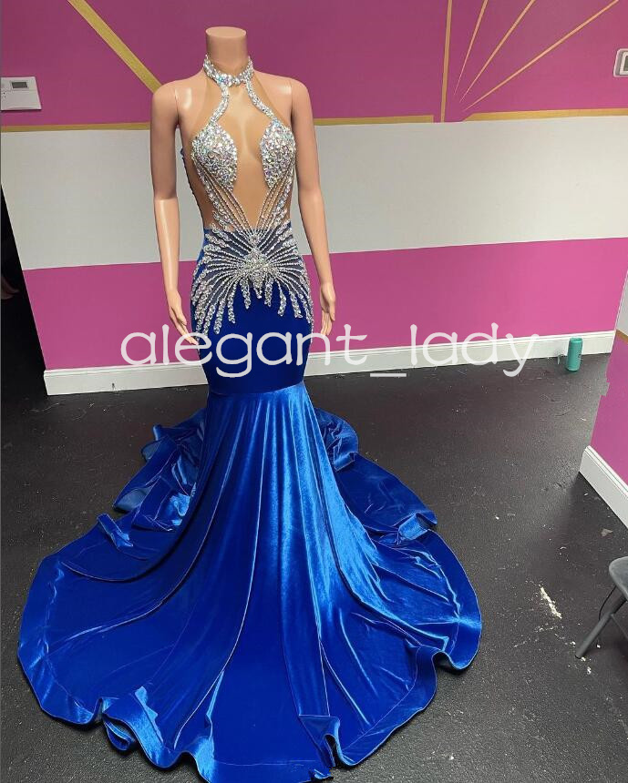 King Blue Sparkly Mermaid Prom Formal Dresses for Women Luxury Diamond Crystal Velvet Black Girl Evening Gown vestidos largos