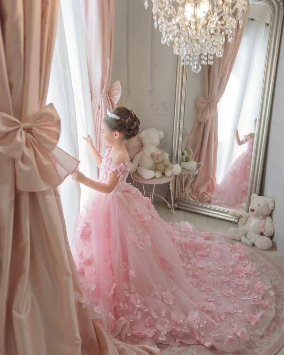 Cute Pink Flower Girl Dress Elegant Off Shoulder 3D Flora Appliques Ruffles Princess A Line Girls Pageant Dress Toddler Children Birthday Party Quince