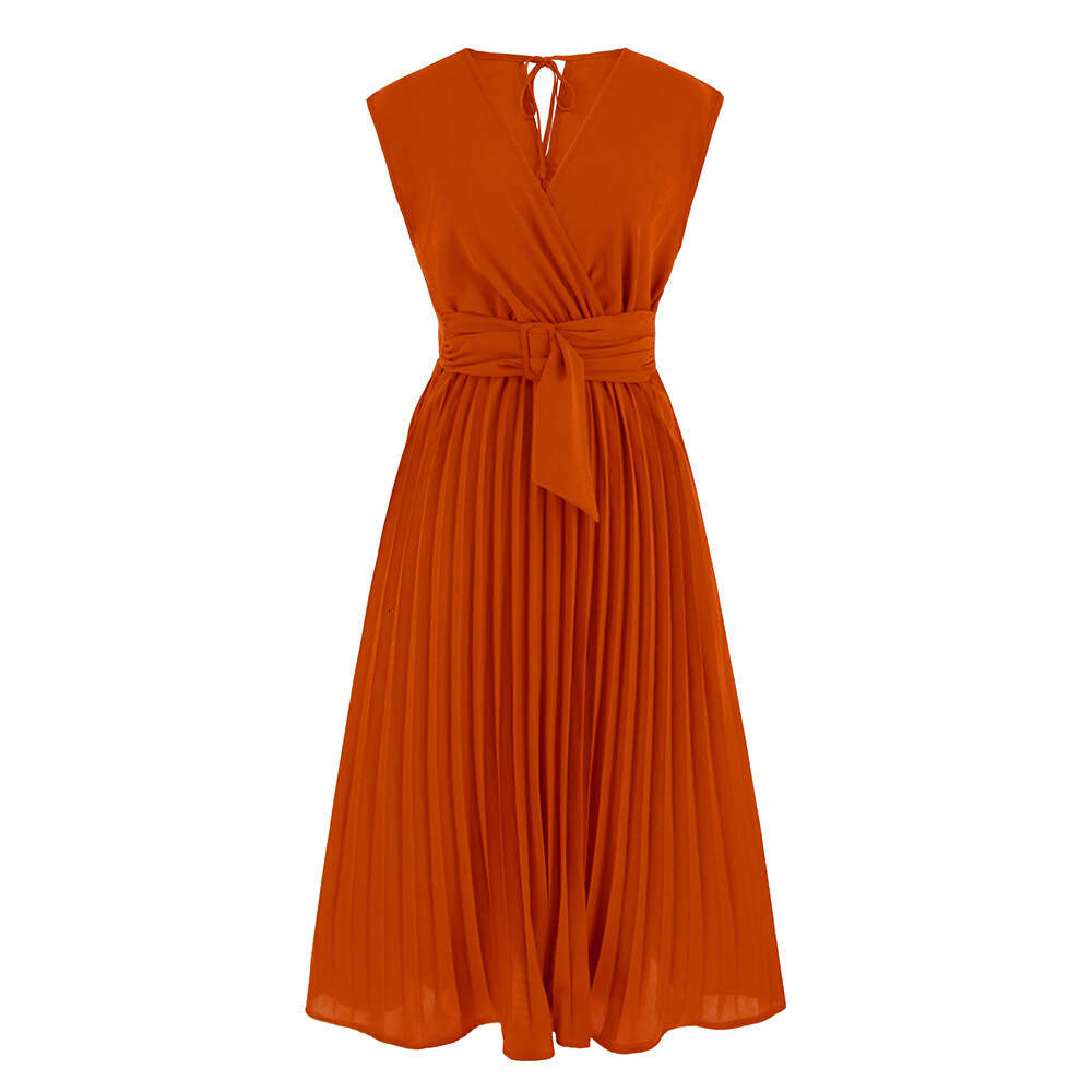 2024 Summer Sleeveless V-neck Lace Up Fashion Slim Fit 100 Pleated Mid Length Dress Pop