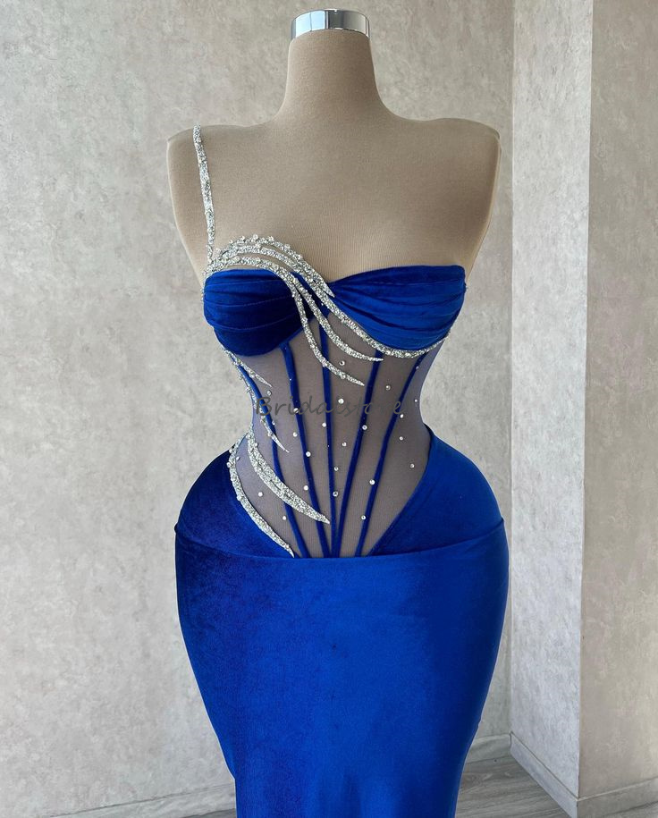 Sexy Royal Blue Mermaid Prom Dress For Black Girls 2024 See Through Beaded One Shoulder African Evening Gowns Formal Birthday Party Gowns Elegant Vest