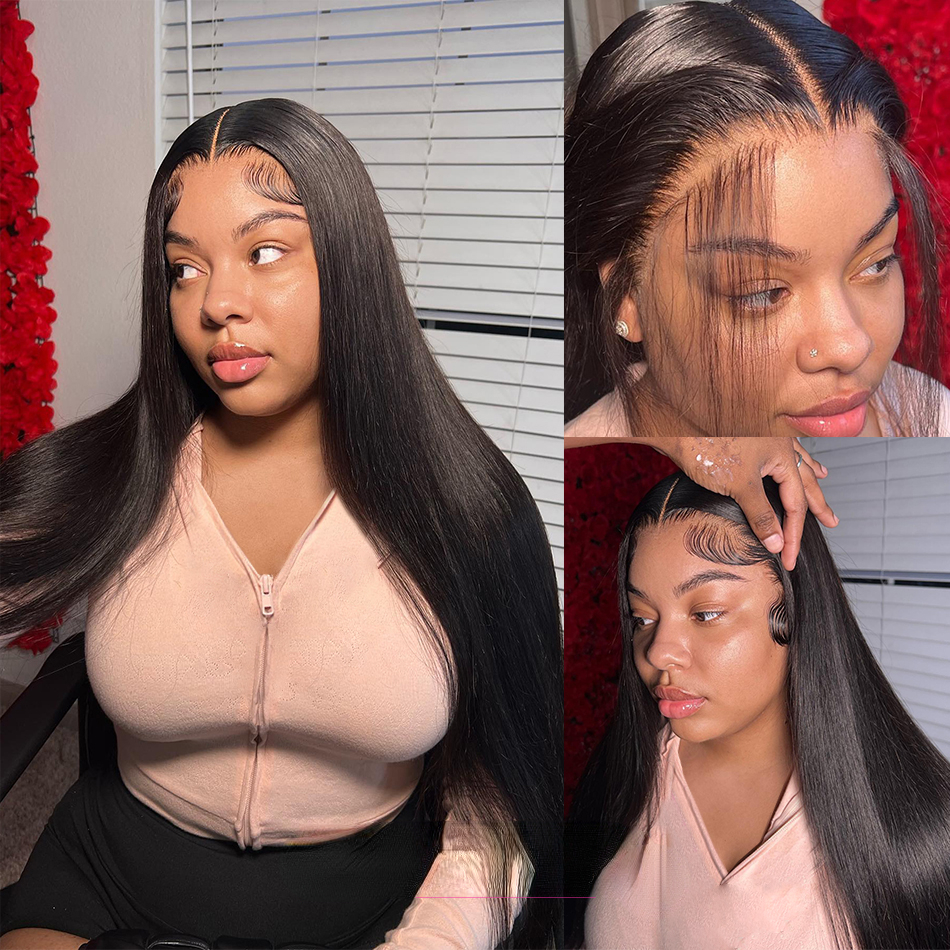 Wear Go Glueless 34 Inch Bone Straight 13x4 Frontal Human Hair Pre plucked 360 Transparent HD Lace Front Wig Syntthetic