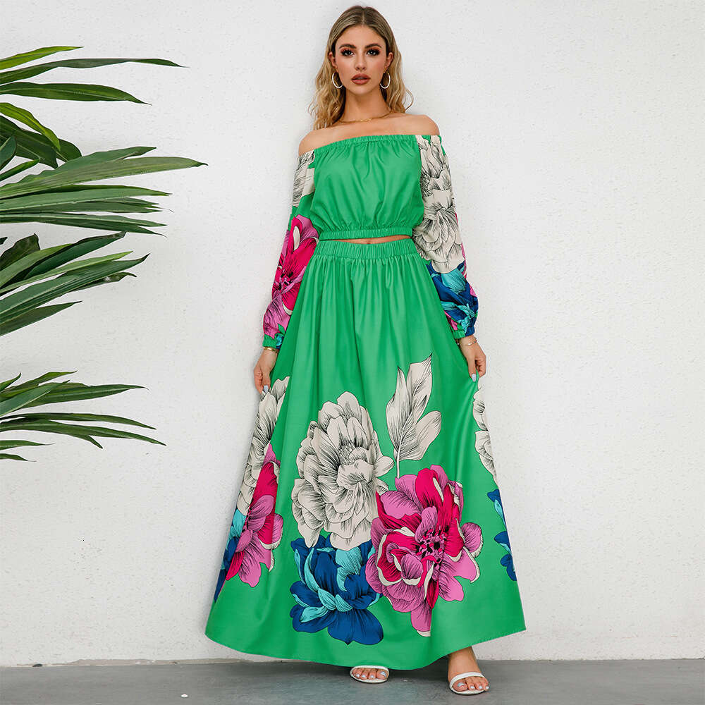 Large Size Women's Sleeved Open Back Top+a-line Large Hem Printed Long Half Skirt Two-piece Set Explosive