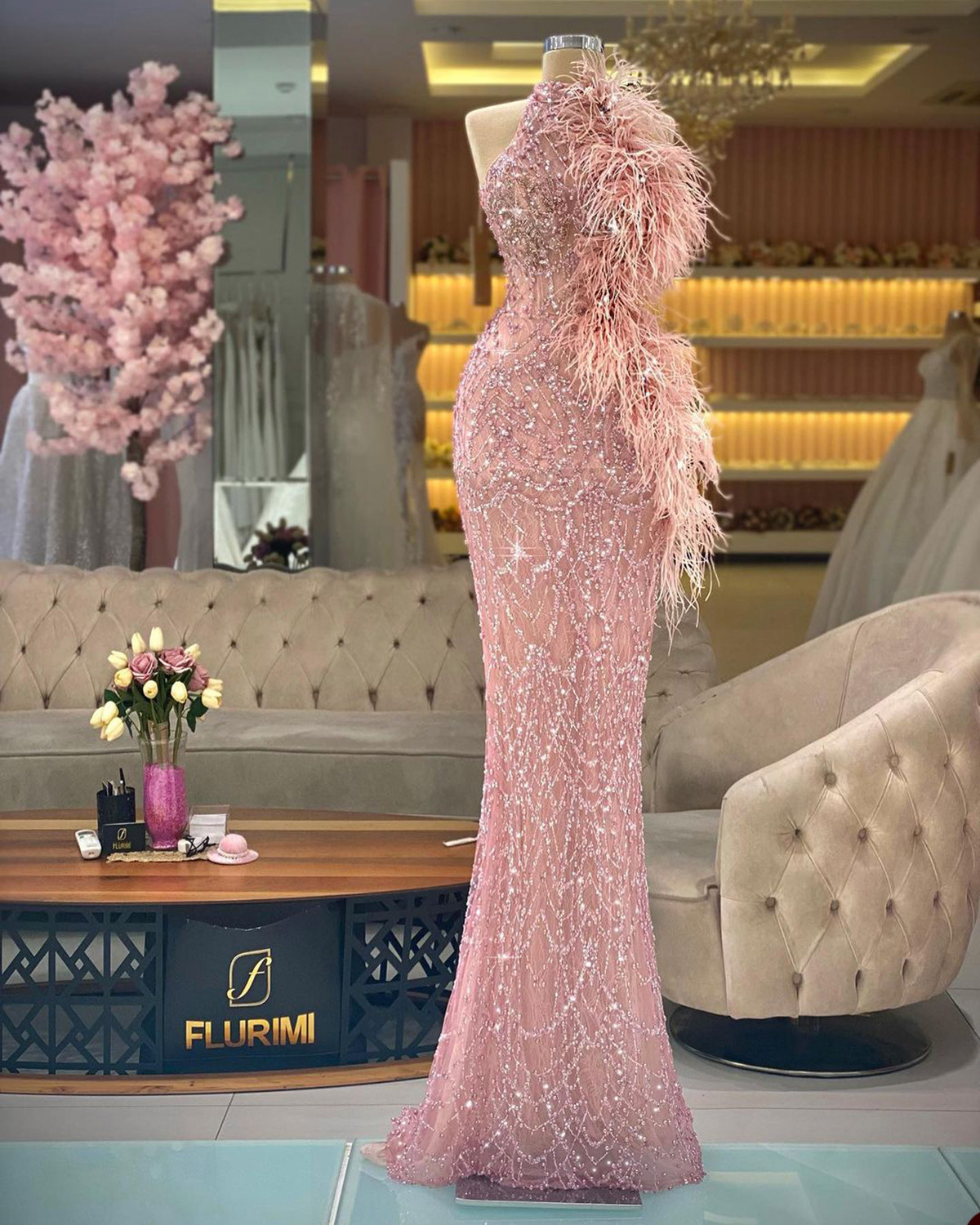 Fashion High Neck Mermaid Prom Dress Simple Sleeveless Feather Formal Evening Gowns Sparkling Beaded Lace Party Dresses