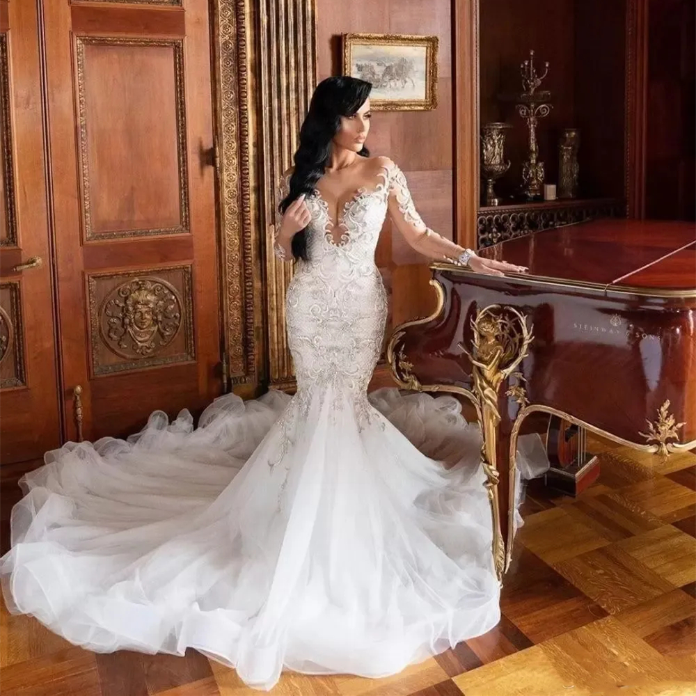 Gorgeous Mermaid Wedding Dresses Long Sleeves Beaded Lace Appliques Luxury Bridal Gowns Sexy Illusion Back Court Train Ivory Bride Dress 2024
