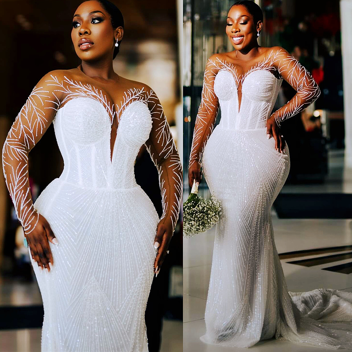 2024 Arabic Aso Ebi Plus Size White Mermaid Beaded Wedding Dress Sequined Lace Sheer Neck Bridal Gowns Dresses ZJ202