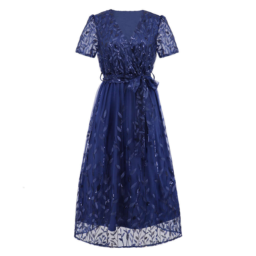 Women's Large Embroidered Bright Screen Fashion Slim Fit V-neck Mid Length Dress
