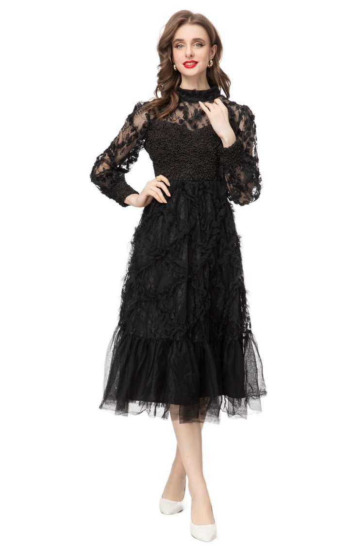 Women's Runway Dresses O Neck Long Sleeves Ruched Ruffles Appliques Fashion Elegant Mid Vestidos