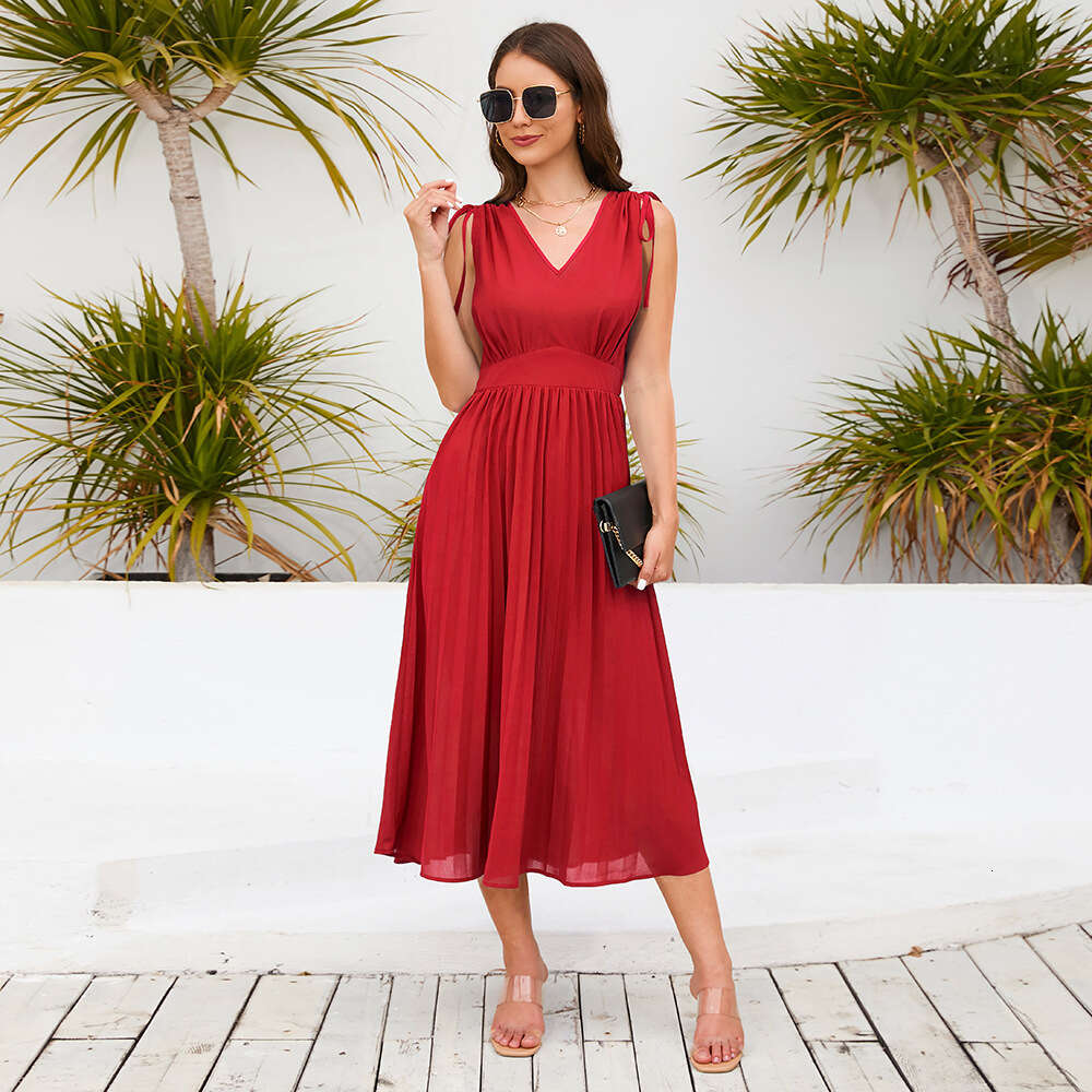 Women's New Sleeveless Slim Fit Pleated Sexy V-neck Dress