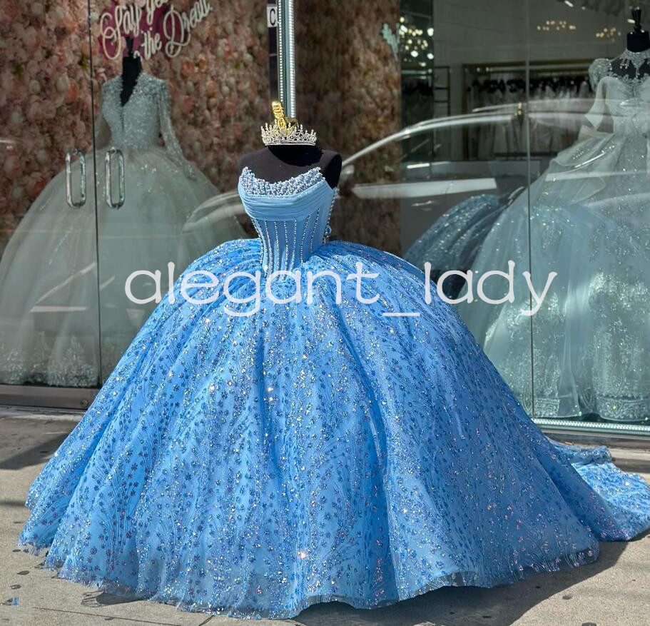 Ice Blue Sparkly Princess Quinceanera Dresses Boning Corset Pearls Beaded Gillter vestidos de 15 anos quinceaneras 2024