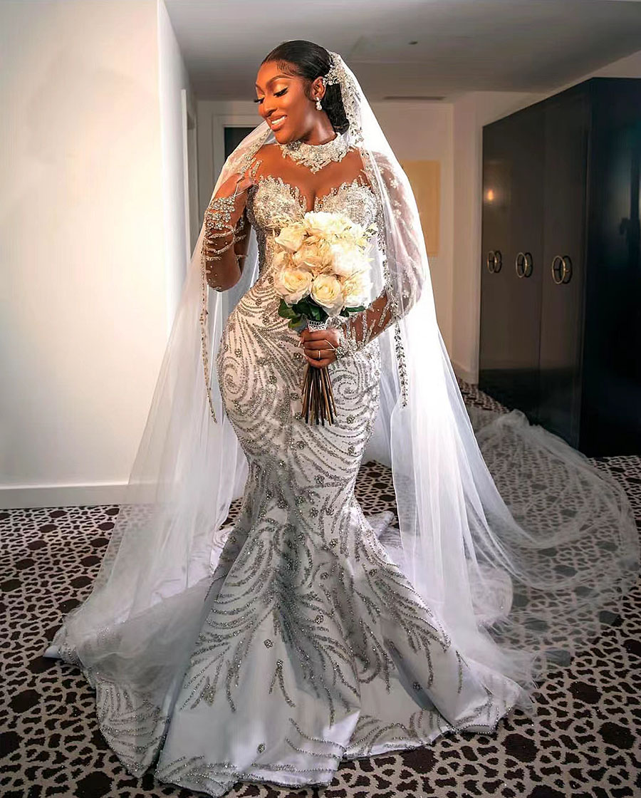 Wedding Mermaid Crystal Dress Llusion High Neck Long Sleeve Plus Size Bridal Gowns Beads Bride Dresses Robes De Mariee Es
