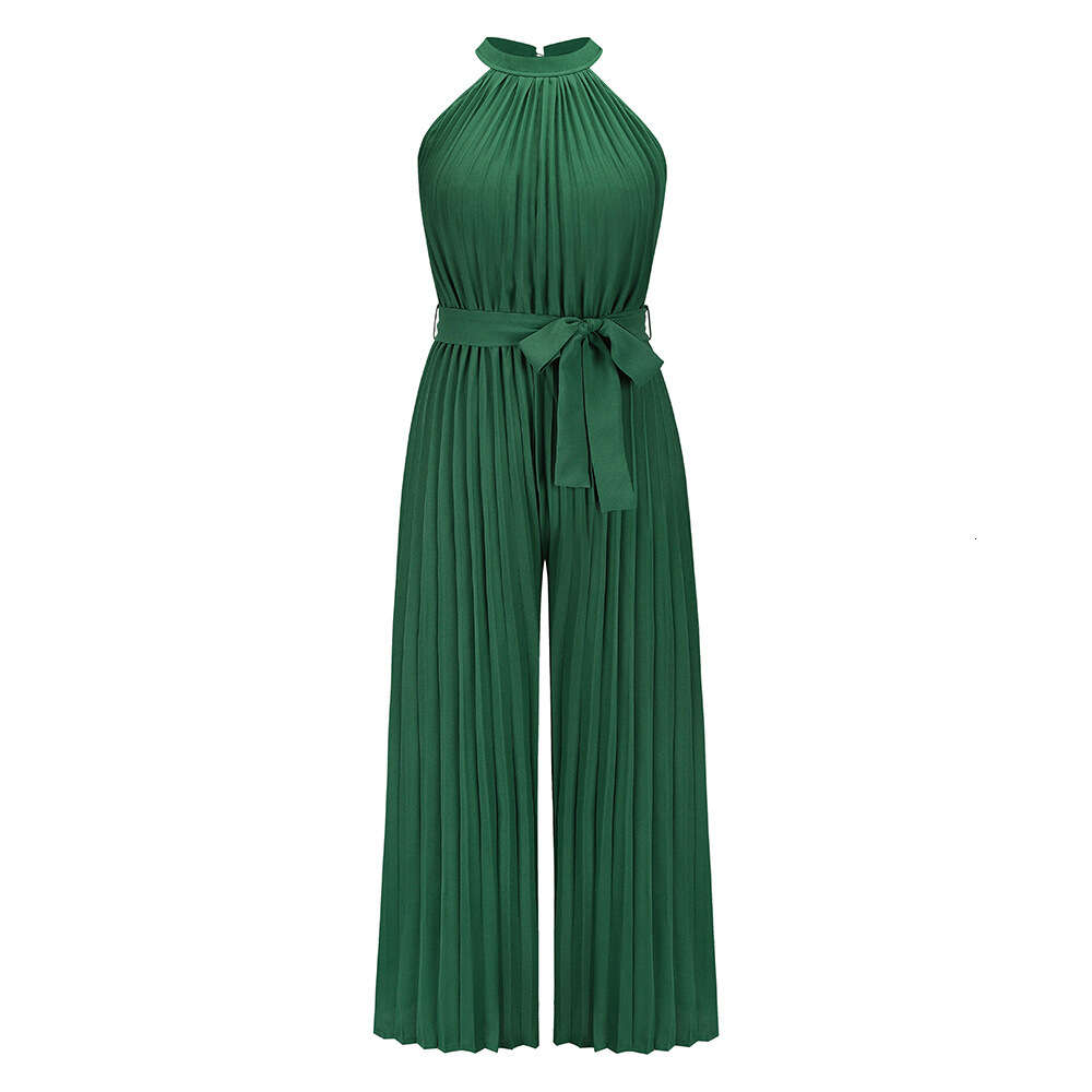 Sexy Neck Hanging Sleeveless Jumpsuit for Summer 2024 Women's New Lace Up Slim Fit Pleated Wide Leg Pants