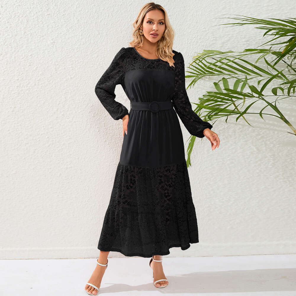 Large Size Slim Fit Temperament Sexy Skirt French Lace Perspective Mid Length Dress for Women