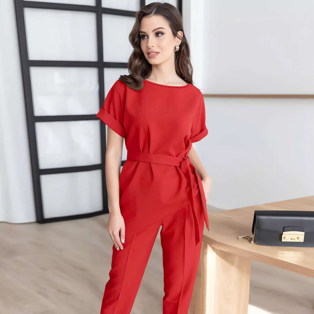 Women's Round Neck Slanted Edge Suit Belt Top Small Leg Fashion Casual Long Pants Set
