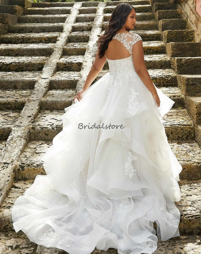 Plus Size Ruffles Wedding Dress 2024 Cap Sleeves A Line Tulle Lace Country Wedding Gowns Sexy Open Back Floor Length Bride Dress Vestido De Novia abit