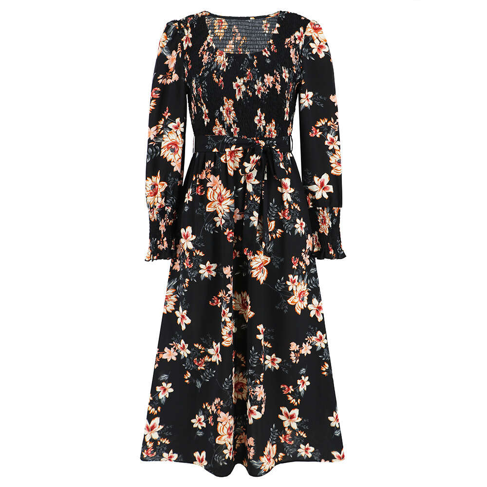 2024 New Women's Long Sleeved Cable Broken Flower Skirt Mid Length Round Neck Dress Oversized