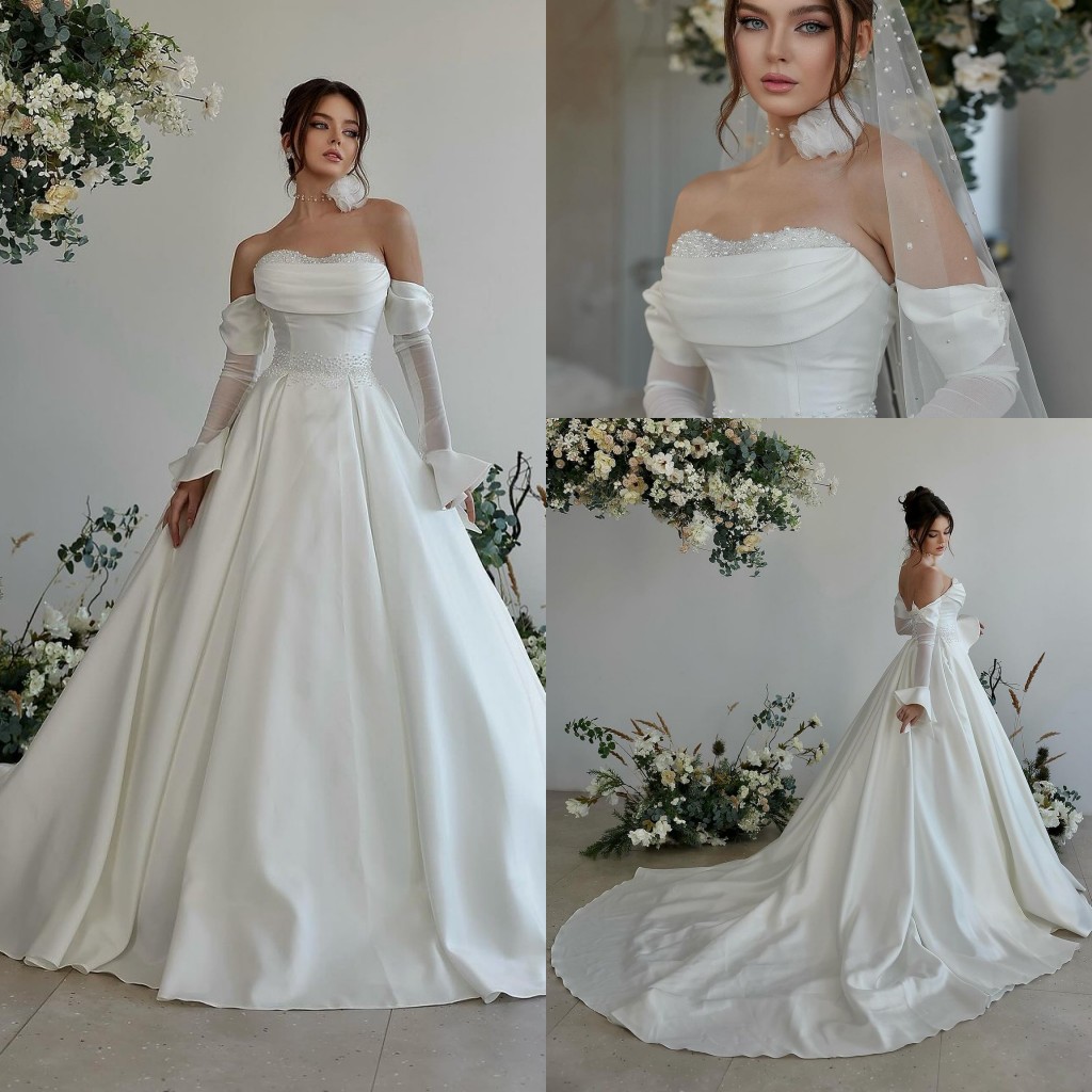 Elegant Plus Size A Line Wedding Dresses Strapless Tiered Satin Pearls Beaded Long Sleeves Sweep Train Beach Boho Bridal Gowns For Wedding Party Custo