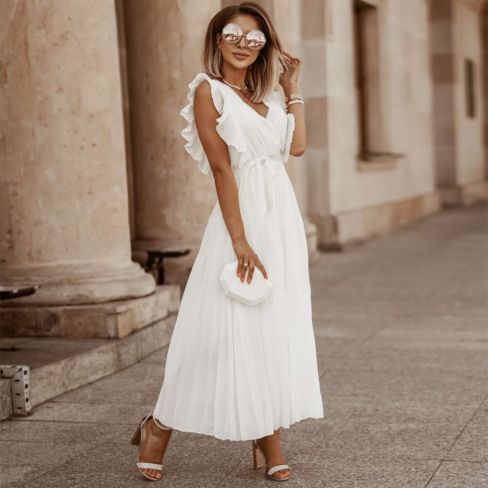Temperament Beach Fashion Slim Fit Sexy Lotus Leaf Sleeves Chiffon Pleated Skirt Solid Color Dress