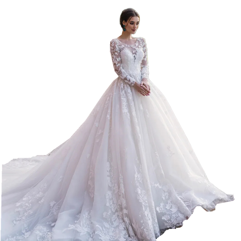 Elegant Long Sleeves A e Wedding Dresses Lace Appliques Crew Neck Ivory Tulle Bridal Gowns Chapel Church Garden Bride Wear 2024 Spring Robe De Mariee 