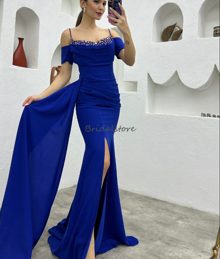 Elegant Royal Blue Prom Dress With Train Spaghetti Straps Satin Formal Evening Gowns Beaded Slit Dance Birthday Party Dress 2024 Vestios De Fiesta Rob