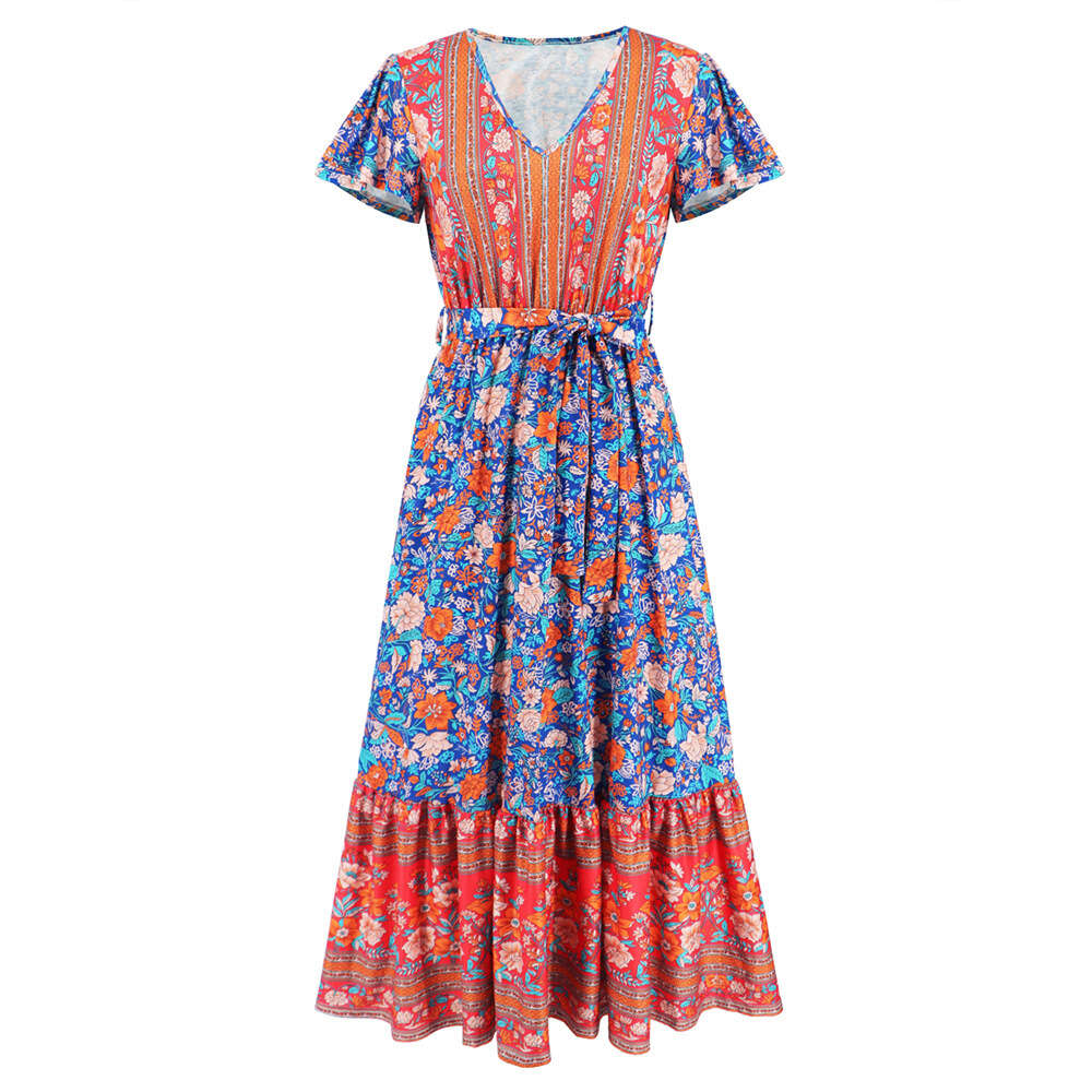Women's 2024 Summer New V-neck Ruffle Sleeve Floral Print Long Dress