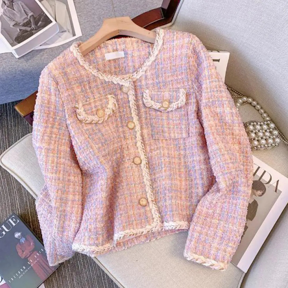 Women Fall Winter Coat Singlebreasted Thick Warm Long Sleeves Plaid Tweed Lady Spring Jacket Outwear 240307